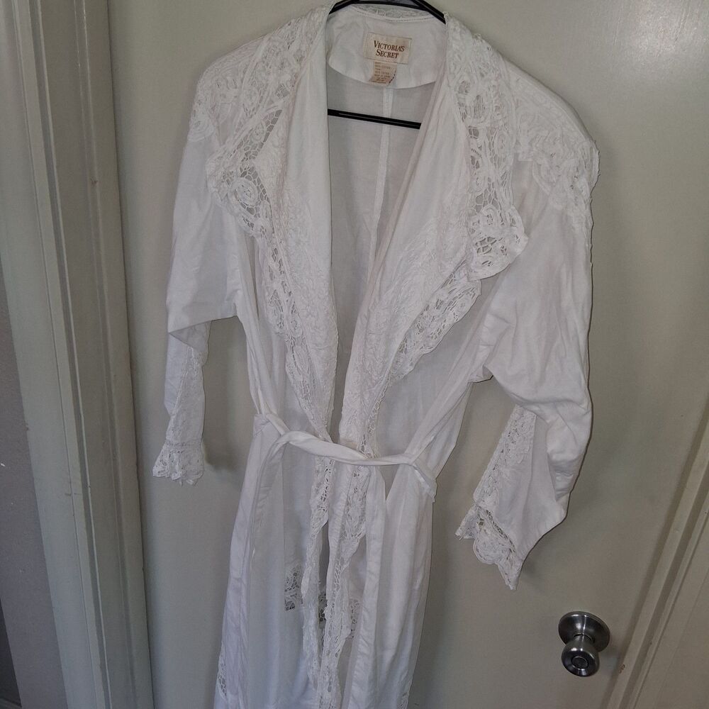 Vintage Victoria Secret Gold Label Cotton Battenburg Lace Maxi Robe White PS - Picture 2 of 12